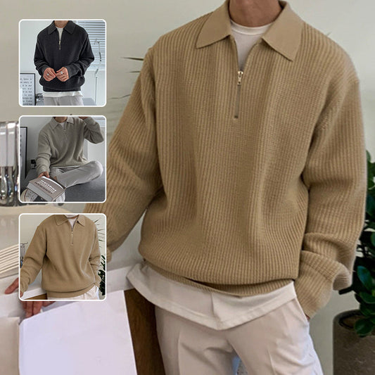 Pull ample décontracté à demi-fermeture éclair de couleur unie pour hommes