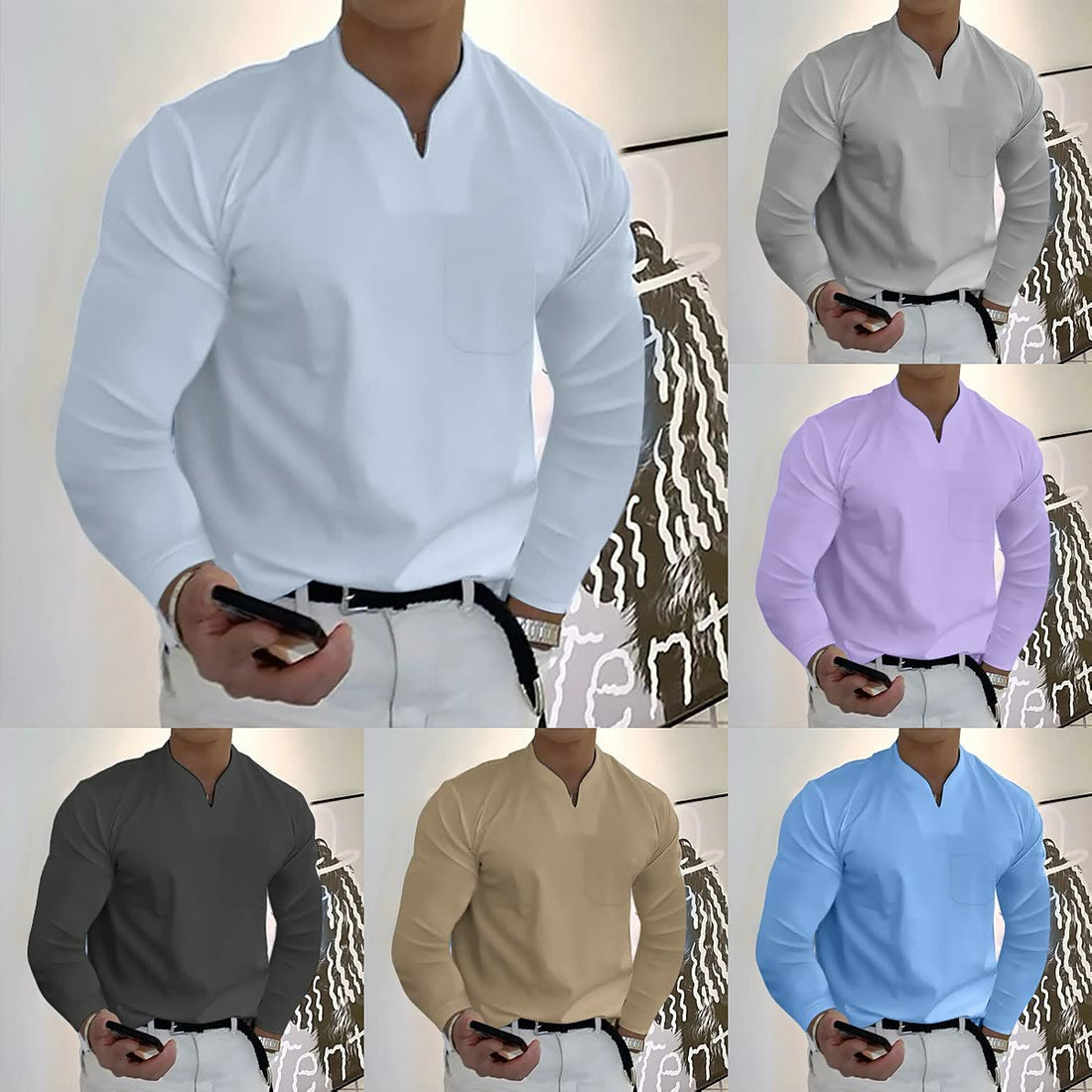 T-shirt décontracté en coton à manches longues pour hommes avec poche