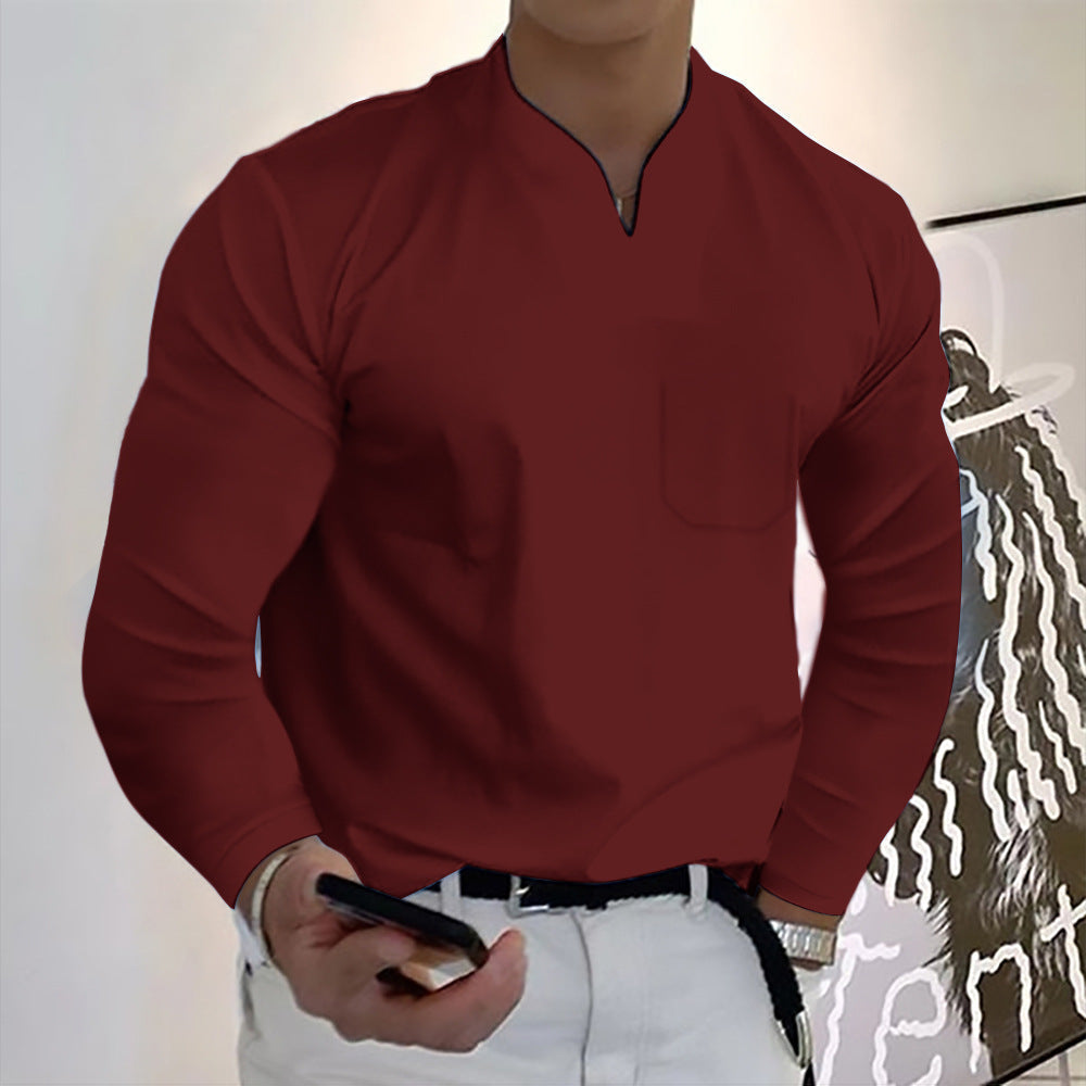 T-shirt décontracté en coton à manches longues pour hommes avec poche