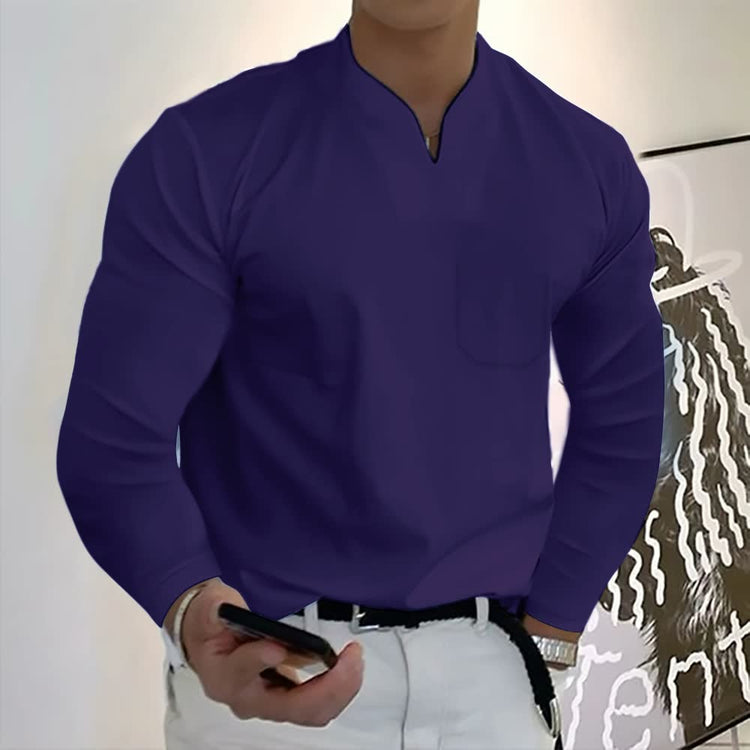 T-shirt décontracté en coton à manches longues pour hommes avec poche