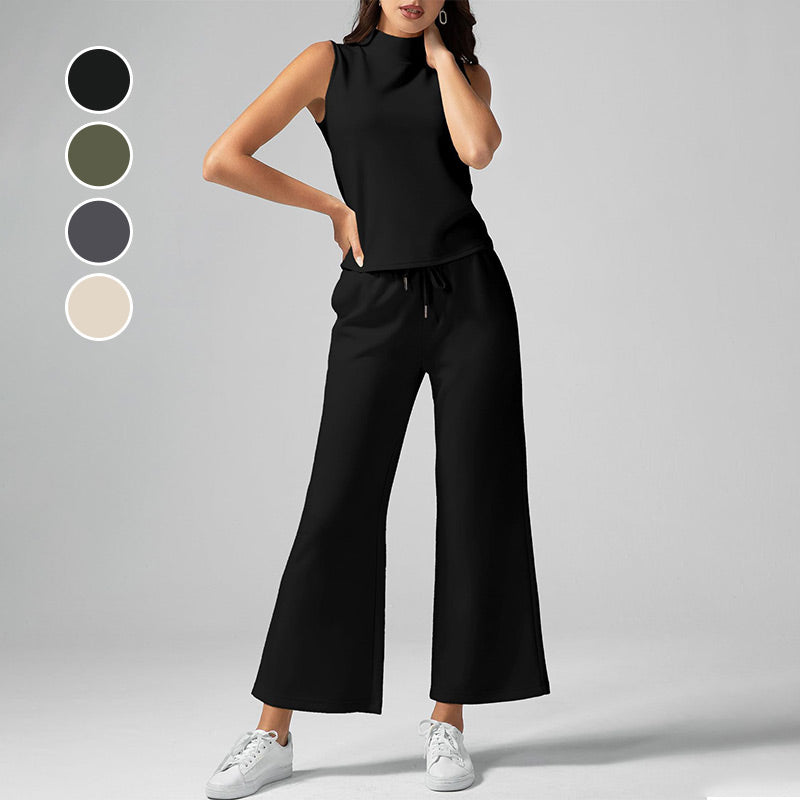 Ensemble deux pièces de couleur unie pour femmes - Top sans manches à col roulé & Pantalon à jambes larges