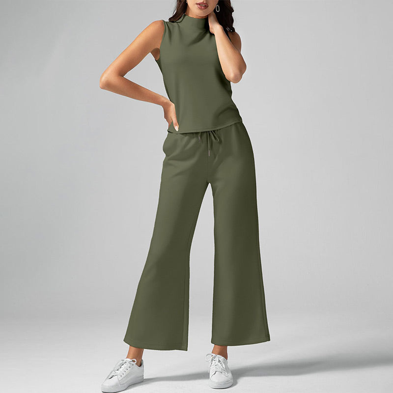 Ensemble deux pièces de couleur unie pour femmes - Top sans manches à col roulé & Pantalon à jambes larges