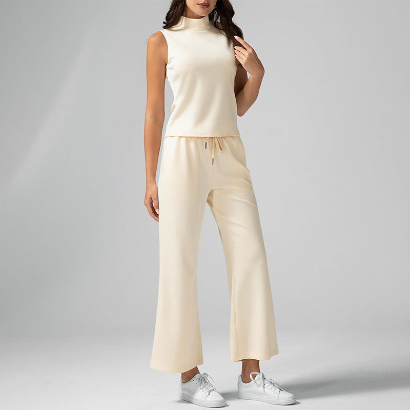 Ensemble deux pièces de couleur unie pour femmes - Top sans manches à col roulé & Pantalon à jambes larges