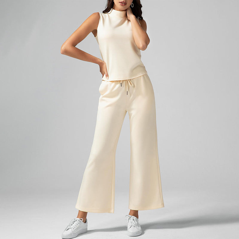 Ensemble deux pièces de couleur unie pour femmes - Top sans manches à col roulé & Pantalon à jambes larges