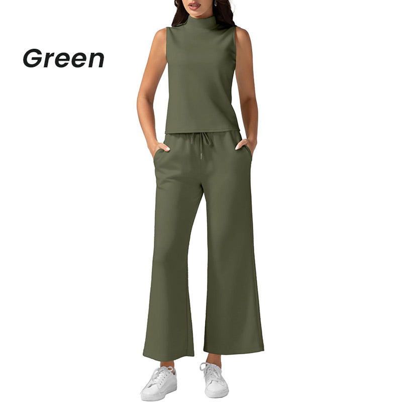 Ensemble deux pièces de couleur unie pour femmes - Top sans manches à col roulé & Pantalon à jambes larges