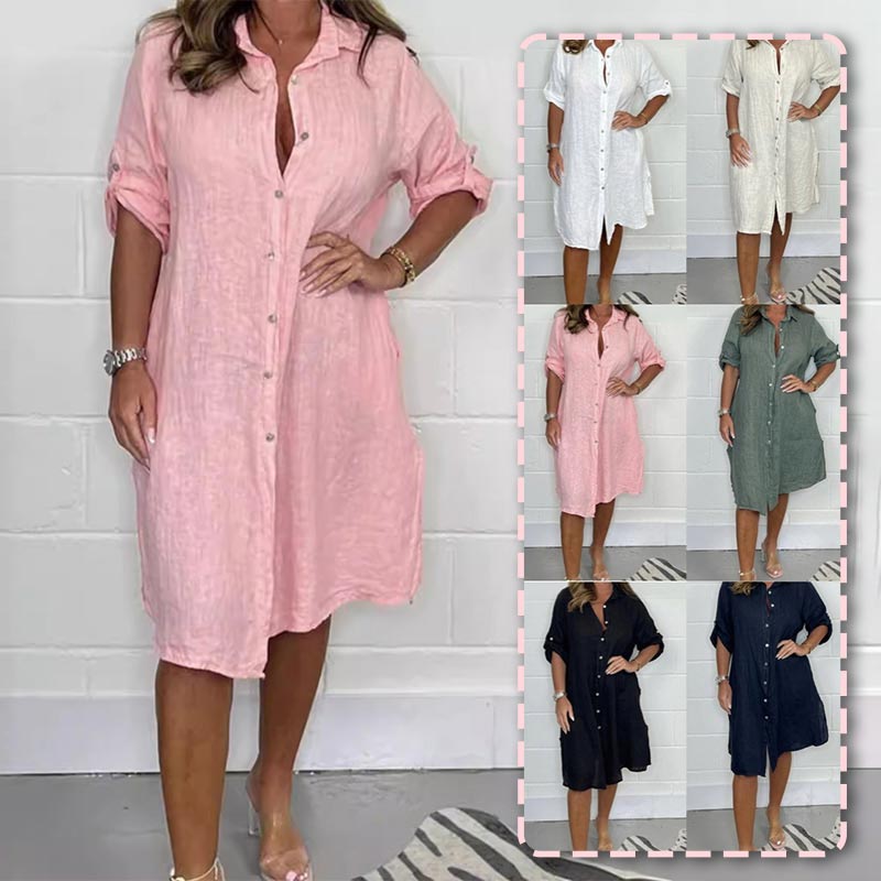 Robe de chemise à bouton de coton et de lin pour femmes