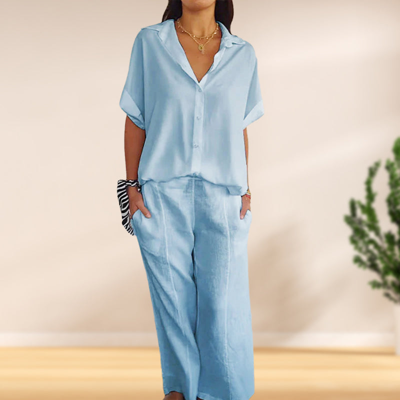 Ensemble deux pièces chemise col en V et pantalon pour femmes