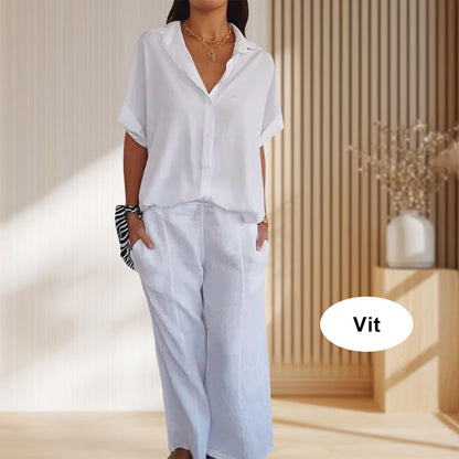 Ensemble deux pièces chemise col en V et pantalon pour femmes