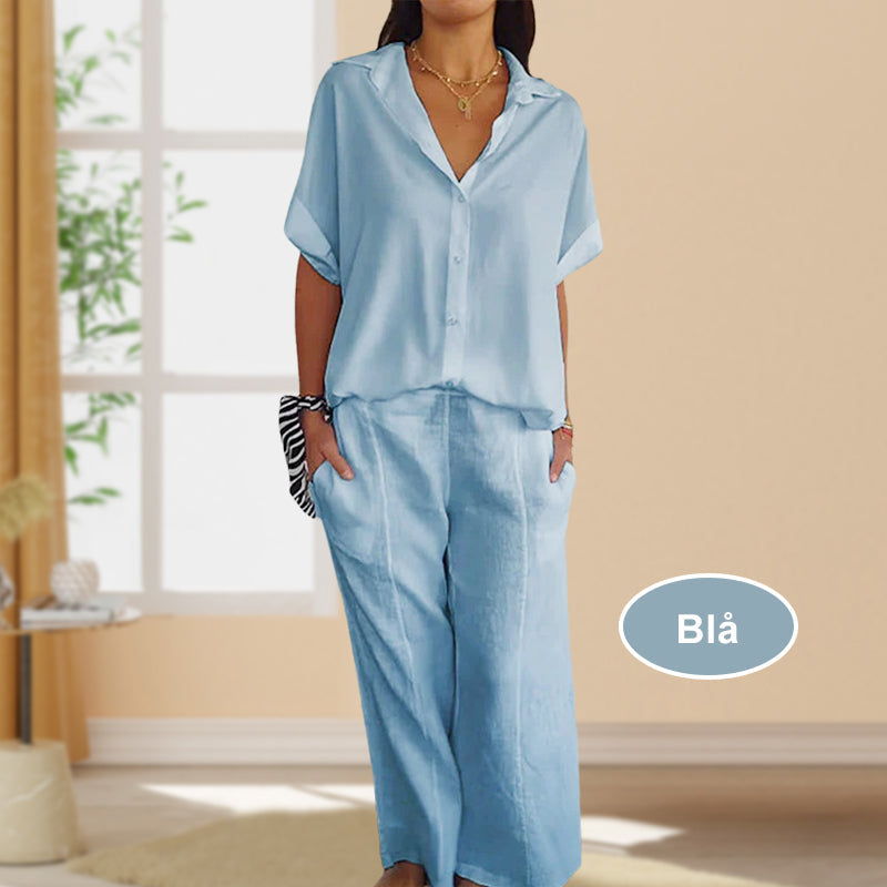 Ensemble deux pièces chemise col en V et pantalon pour femmes