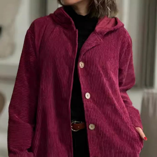 Shacket Femme Oversized à Capuche en Côtelé Boutonnée