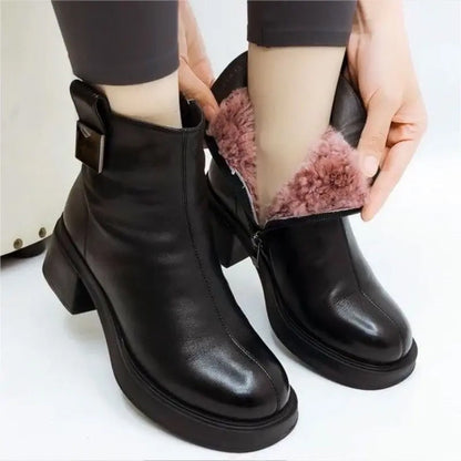 Bottines à Talon Épais avec Fermeture Éclair en Peluche pour Femme