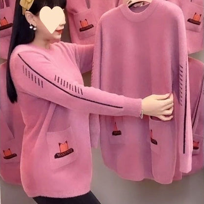 Pull ample et chaud à col rond et poches pour femmes