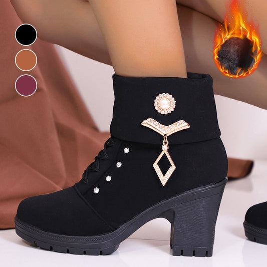 Bottines à talons épais pour femmes avec décorations en strass⚡Nouveautés Soldes - 50 % de réduction