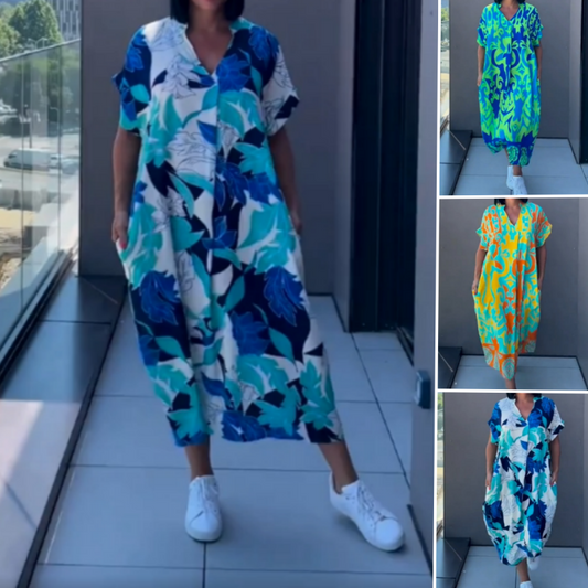 💎 49% DE RÉDUCTION ! 💎 Robe Élégante Col V – Tissu Respirant, Imprimé Tendance & Coupe Ample (Vert/Bleu/Jaune | S–3XL) ☕🕊️