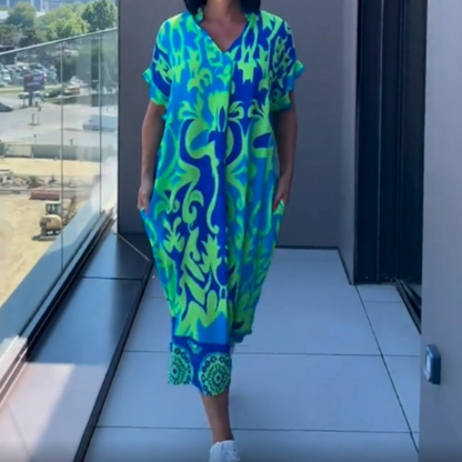 💎 49% DE RÉDUCTION ! 💎 Robe Élégante Col V – Tissu Respirant, Imprimé Tendance & Coupe Ample (Vert/Bleu/Jaune | S–3XL) ☕🕊️