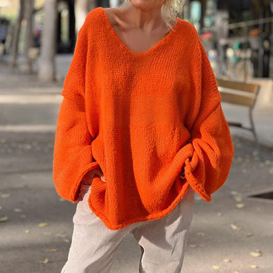 Pull à col en V ample et manches longues pour femme