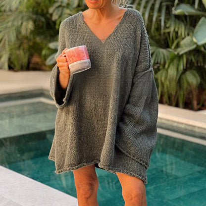 Pull à col en V ample et manches longues pour femme