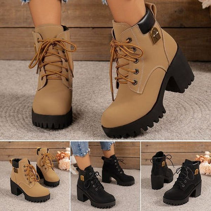 👢2025 Nouveauté pour cet automne : bottines à talons épais et semelles compensées – modèle rétro à lacets pour femmes