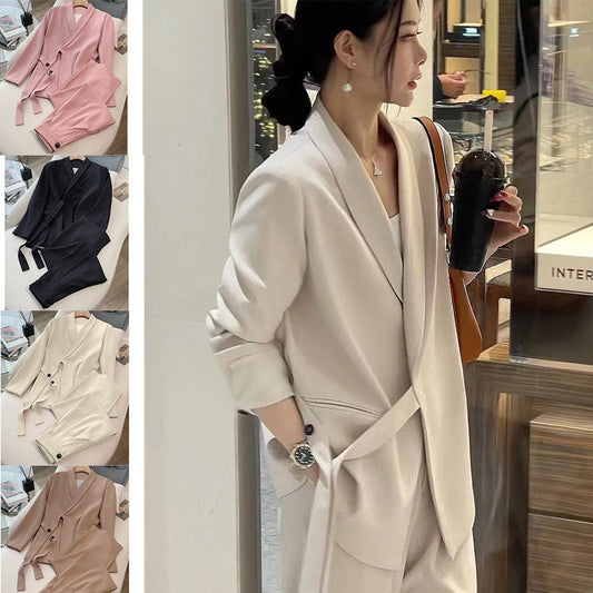 Ensemble 2 Pièces Bureau Femme : Blazer à Nœud Devant et Pantalon Palazzo