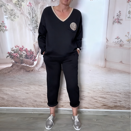 Ensemble élégant et décontracté pour femme, couleur unie, col en V