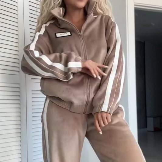 Ensemble deux pièces femme – Veste & Pantalon avec color-block et taille élastique