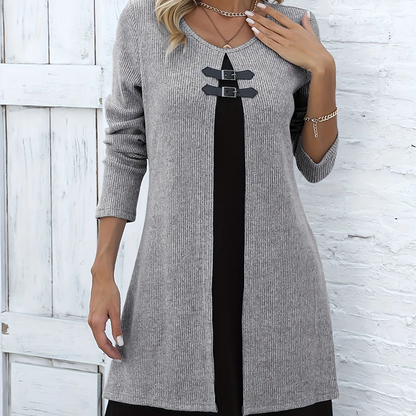 🔥49 % de réduction✨Robe deux-pièces fausse A-line mi-longue🌸Silhouette flatteuse, texture côtelée & détails en simili cuir👗