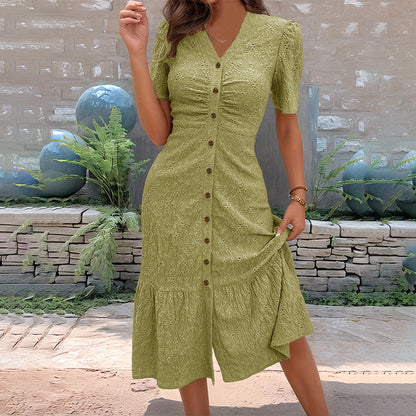 🔥DERNIER JOUR : 49 % DE RÉDUCTION🌞💃Robe midi à manches courtes et col en V, boutonnée, pour femme