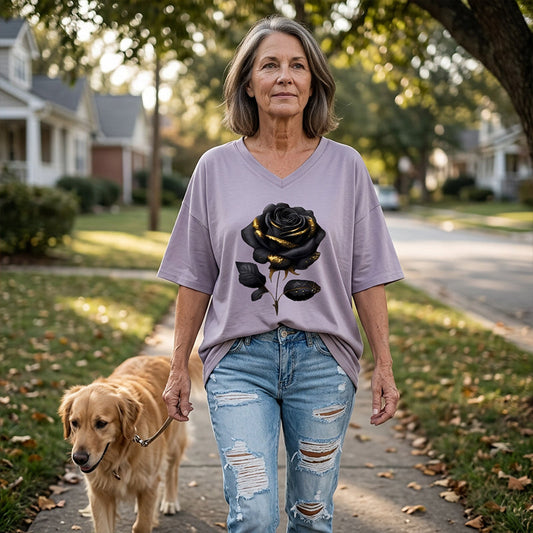 T-shirt à col en V imprimé roses pour femmes grandes tailles