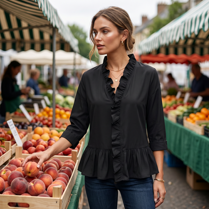 🔥 Nouveautés & Meilleures ventes – Haut femme élégant à col V avec volants