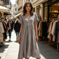 Robe midi femme à col V manches courtes et volants