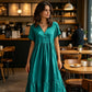 Robe midi femme à col V manches courtes et volants