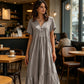 Robe midi femme à col V manches courtes et volants