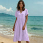 Robe midi femme à col V manches courtes et volants