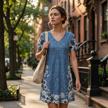 Robe femme à col V imprimé effet denim