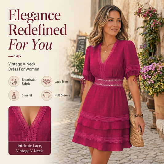 Robe femme à col V en dentelle avec volants superposés