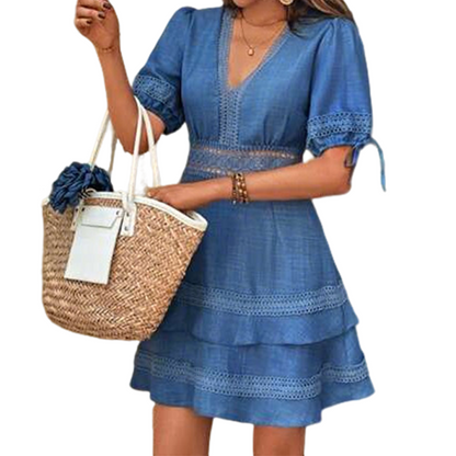 Robe femme à col V en dentelle avec volants superposés