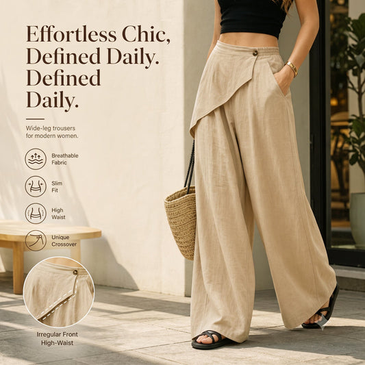 Pantalon pour femme à entrejambe asymétrique et jambes larges