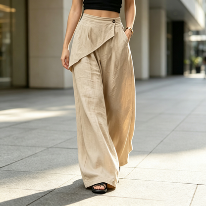 Pantalon pour femme à entrejambe asymétrique et jambes larges
