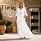 Robe longue à col en V et manches à volants pour femme