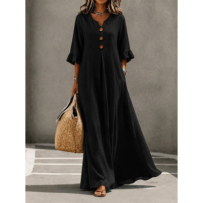 Robe longue à col en V et manches à volants pour femme