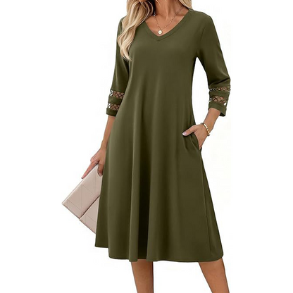 Robe mi-longue décontractée à col V pour femme