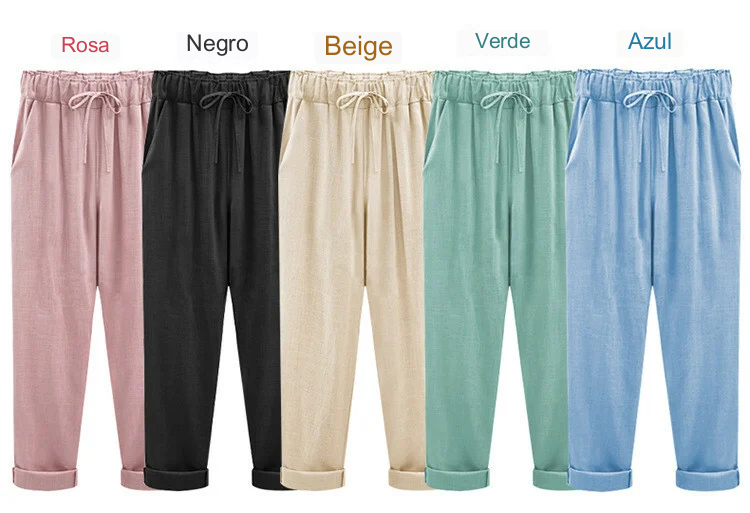 Pantalon ample à taille élastique de couleur unie pour grande taille