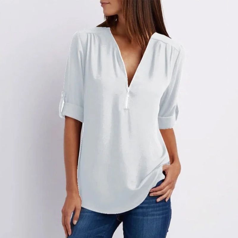 Chemise décontractée à col en V zippé pour femmes