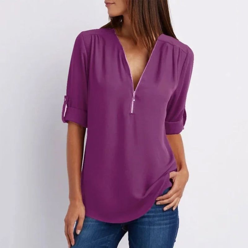 Chemise décontractée à col en V zippé pour femmes