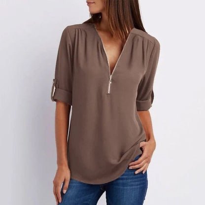 Chemise décontractée à col en V zippé pour femmes