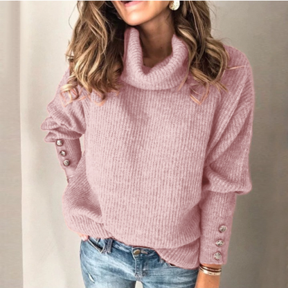 Ladies Loose Turtleneck Button Knit Sweater