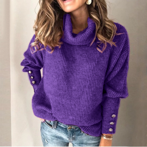 Ladies Loose Turtleneck Button Knit Sweater