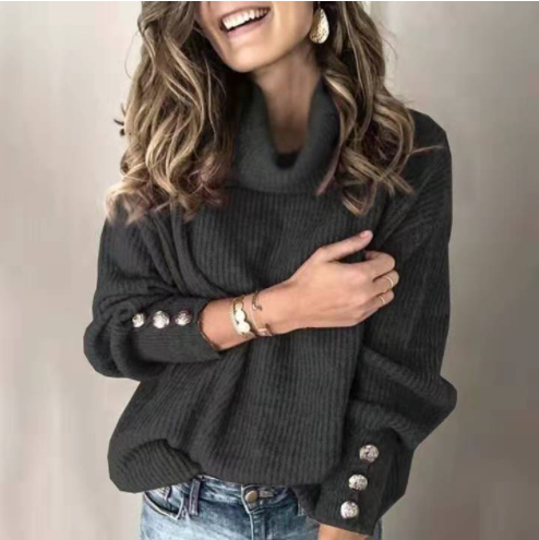 Ladies Loose Turtleneck Button Knit Sweater