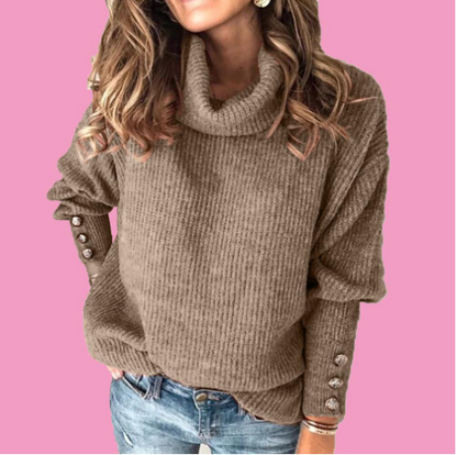 Ladies Loose Turtleneck Button Knit Sweater