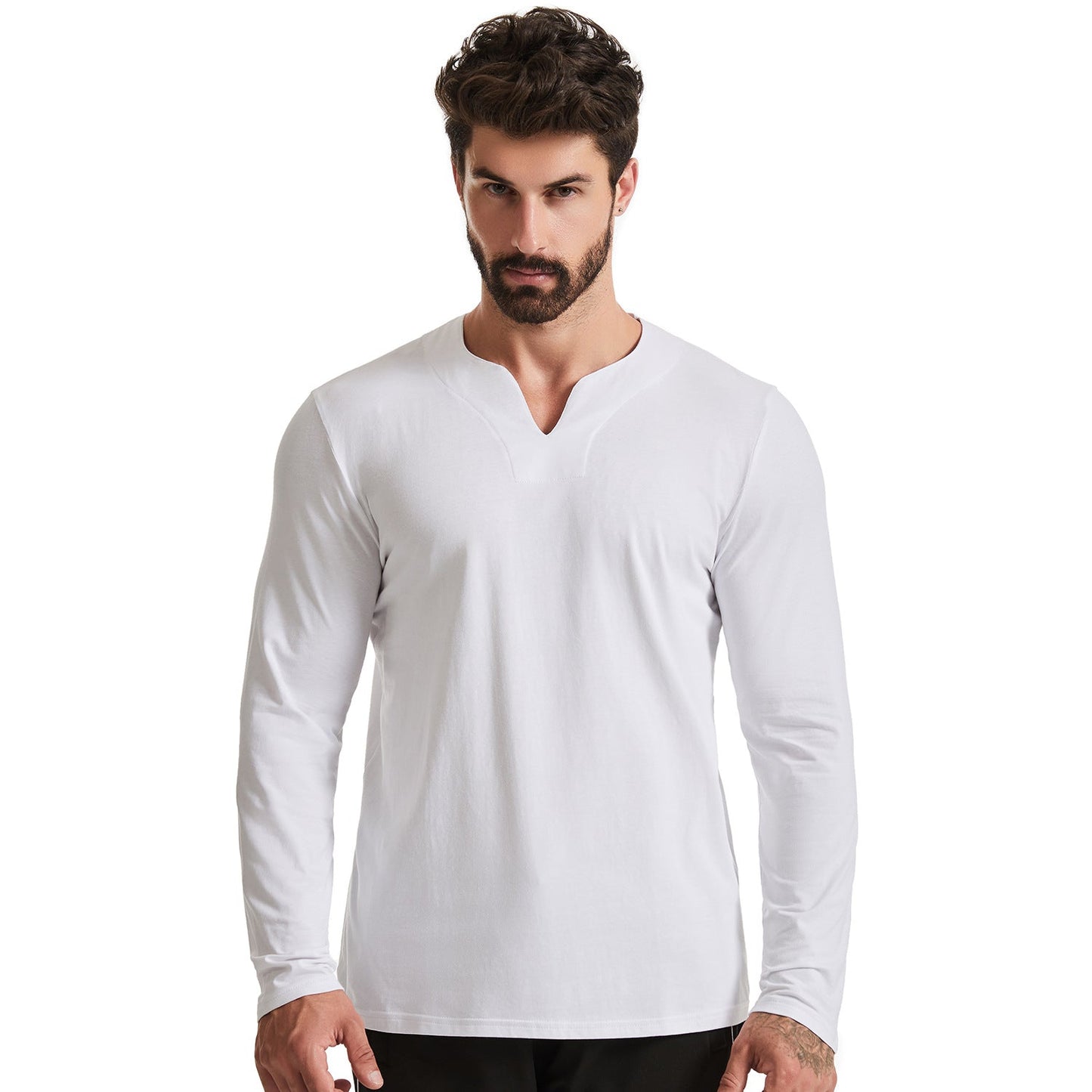 T-shirt décontracté à manches longues et col en V pour hommes